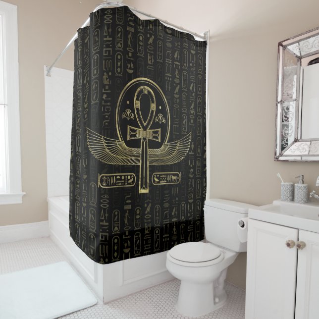Rideaux De Douche Croix égyptienne - Ankh - or et noir (En situation)