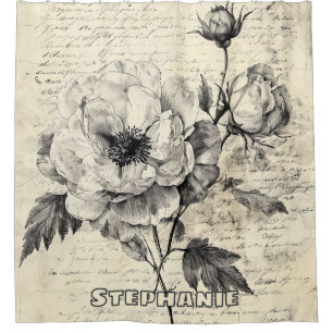 Rideaux De Douche Croquis floral rustique avec calligraphie - âge (7