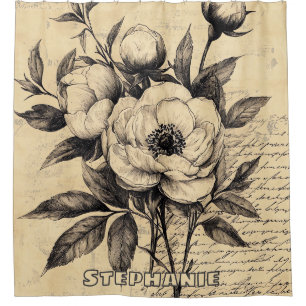 Rideaux De Douche Croquis floral rustique avec calligraphie - âge (9