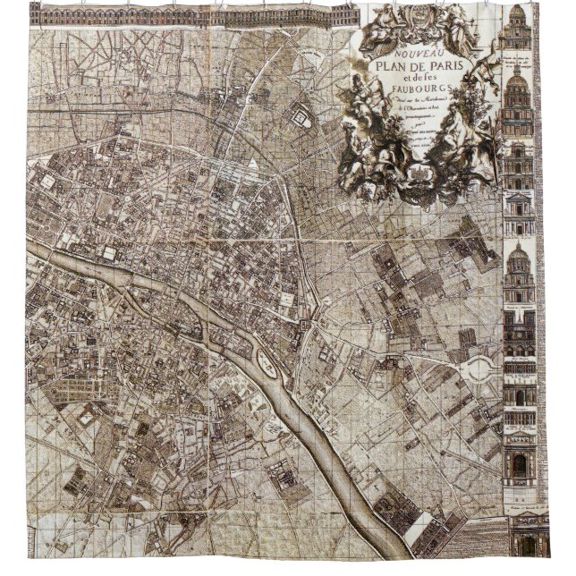 Rideaux De Douche Cru 1728 antique d'architecture de carte de Paris (Devant)