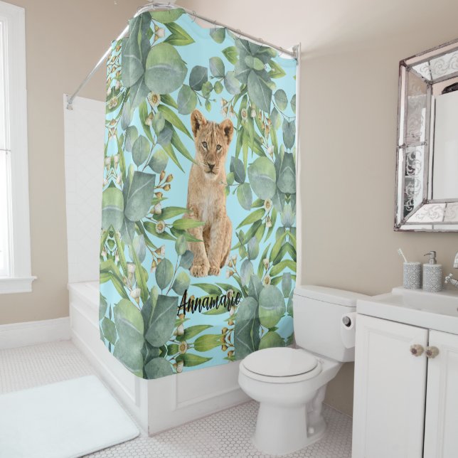 Rideaux De Douche Cube Lion Cub Turquoise Green Jungle Forest Leaf (En situation)