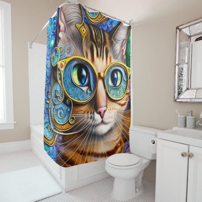 Rideaux De Douche Cute Amusant Chat Nerd Portant des lunettes Oeuvre (En situation)