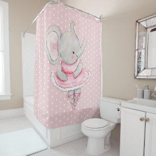 Rideaux De Douche Cute Ballerina Elephant rose Pois blancs
