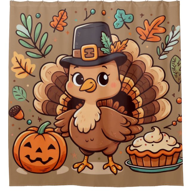 Rideaux De Douche Cute caricature Thanksgiving dinde et citrouille (Devant)