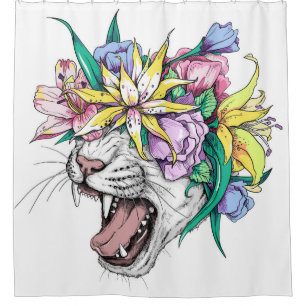 Rideaux De Douche Cute cartoon wild cat head in a floral wreath. Bea