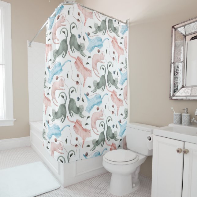 Rideaux De Douche Cute Cats Motif Pastel Aquarelles Illustration (En situation)