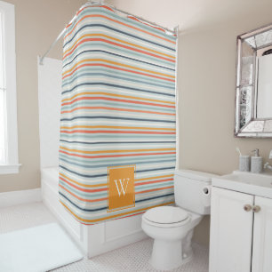 Rideaux De Douche Cute Dusky Orange Bleu Motif rayé ocre