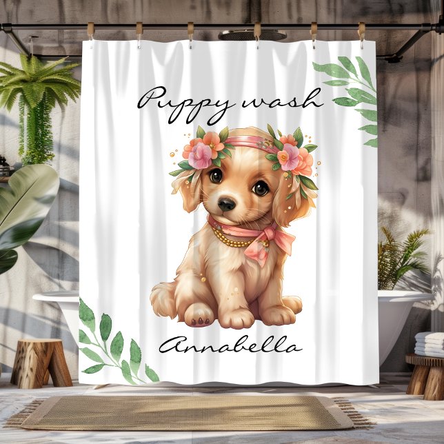 Rideaux De Douche Cute Floral Golden Retriever Puppy (Cute Floral Golden Retriever Puppy Shower Curtain)