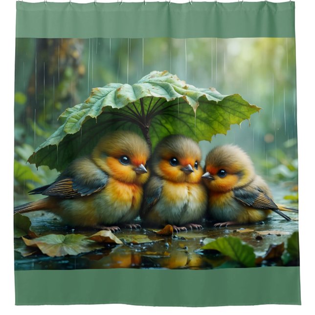 Rideaux De Douche Cute fluffy birds hiding under leaf in rain (Devant)
