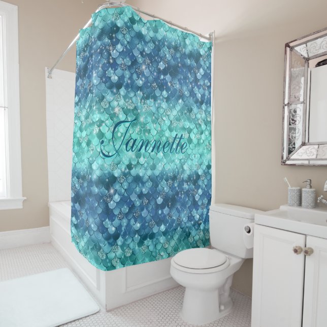 Rideaux De Douche Cute Iridescente Turquoise Mermaid Faux Parties sc (En situation)