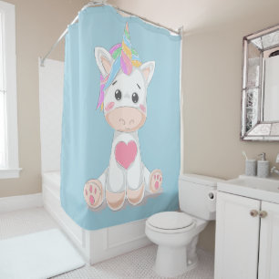 Rideaux De Douche Cute Kids Unicorn Rainbow Horn Pale Blue