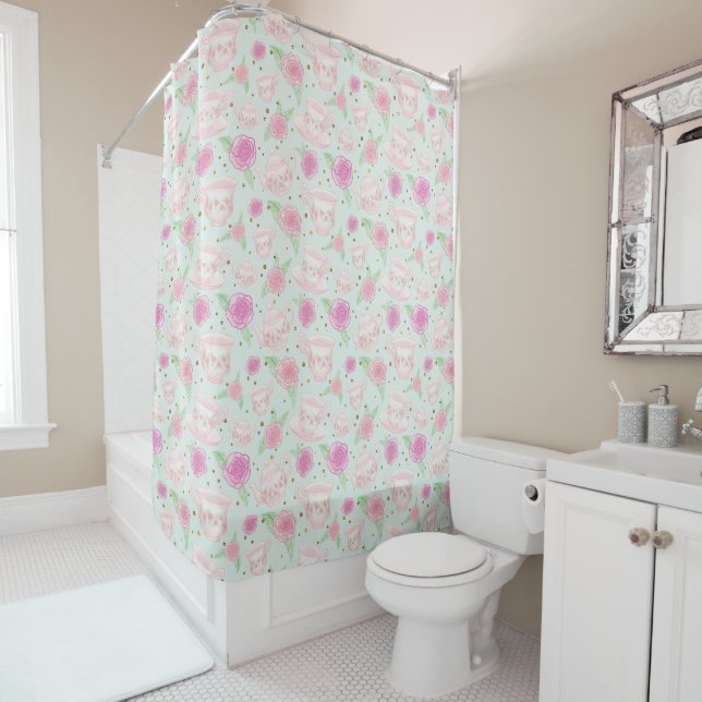 Rideaux De Douche Cute Mint Green Pink Tea Party Motif (En situation)