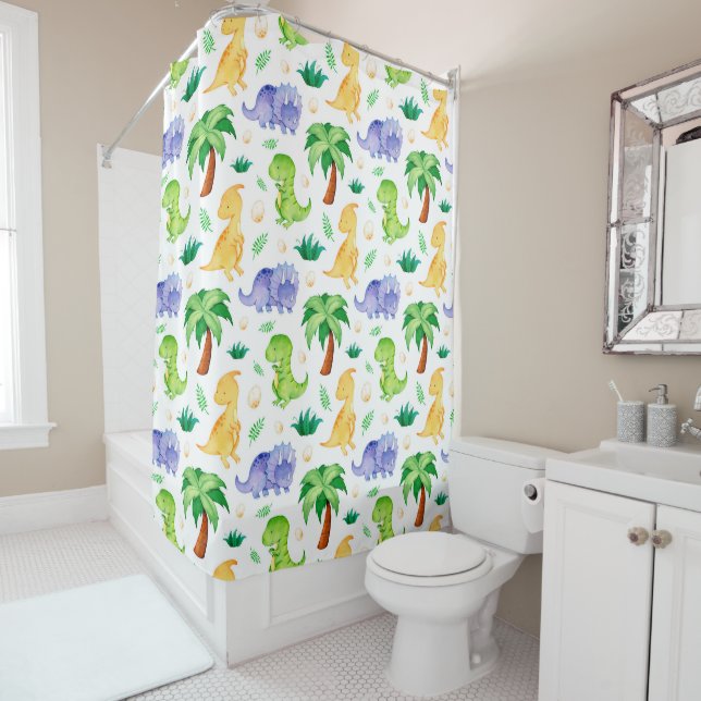 Rideaux De Douche Cute Neon Aquarelle Dinosaur Motif (En situation)
