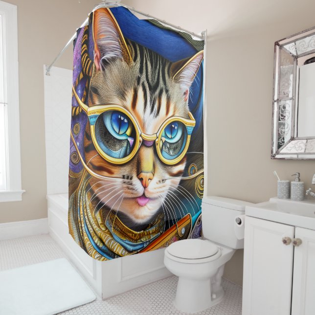 Rideaux De Douche Cute Retro Chat Porte des lunettes (En situation)