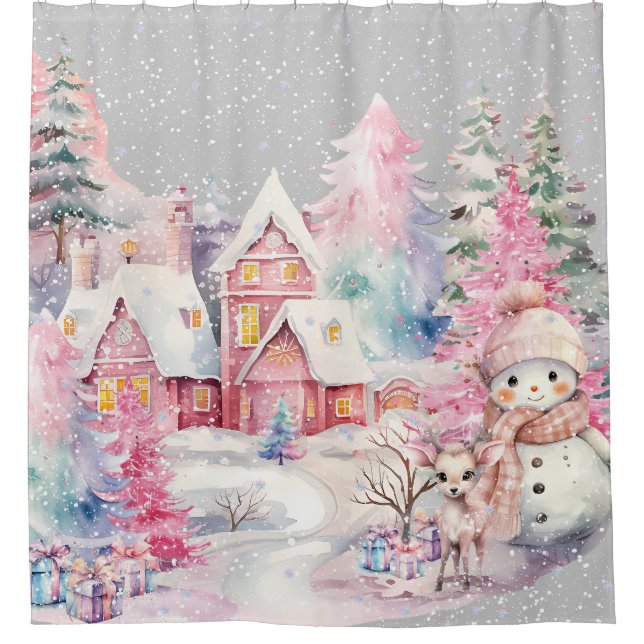 Rideaux De Douche Cute rose Snowman hiver Wonderland (Devant)