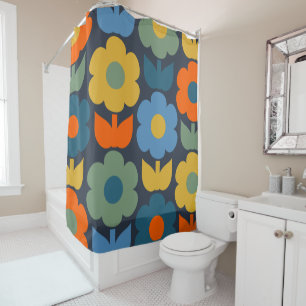 Rideaux De Douche Cute Scandi Retro Moderne Motif Floral Bleu
