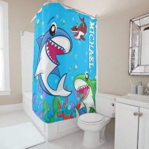 Rideaux De Douche Cute Shark Sea Ocean Blue Nom personnalisable Enfa