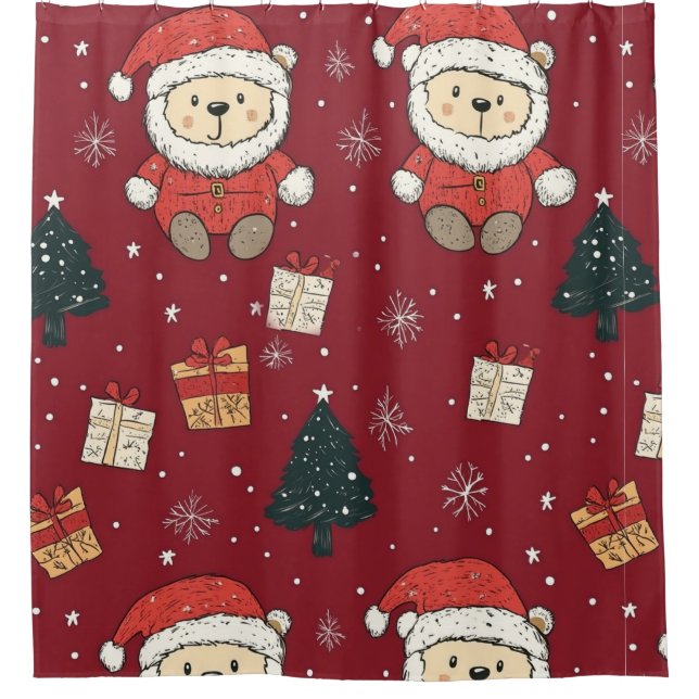 Rideaux De Douche Cute Teddy Bear & Santa on Red (1) (Devant)