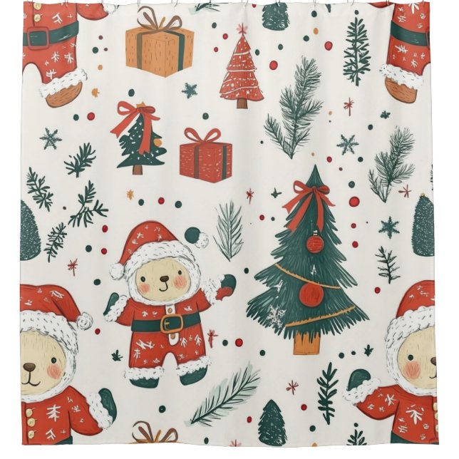 Rideaux De Douche Cute Teddy Bear & Santa on White (1) (Devant)