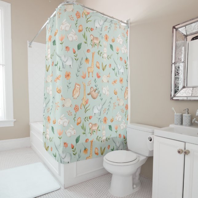 Rideaux De Douche Cute Turquoise bébé animal Pastel Motif (En situation)