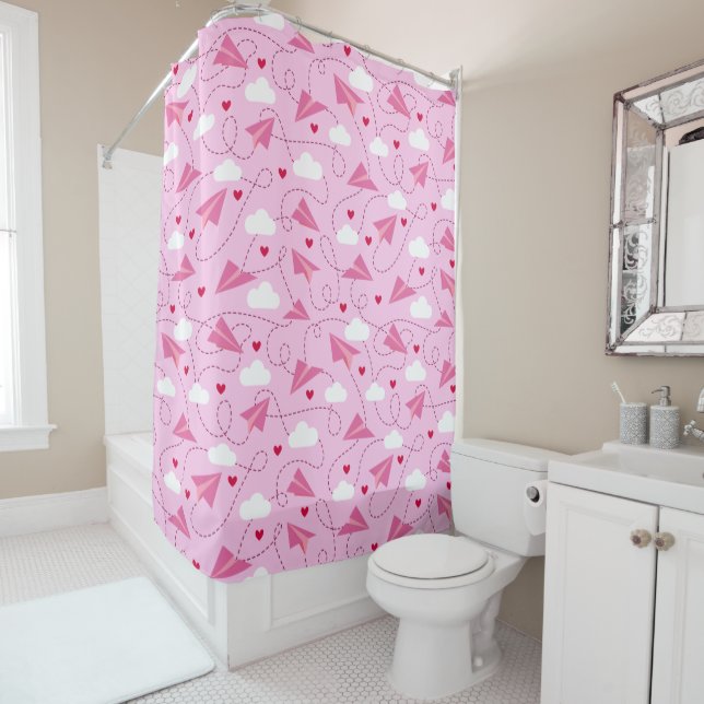Rideaux De Douche Cute Valentine Volant Avion Rouge Coeurs Rose (En situation)