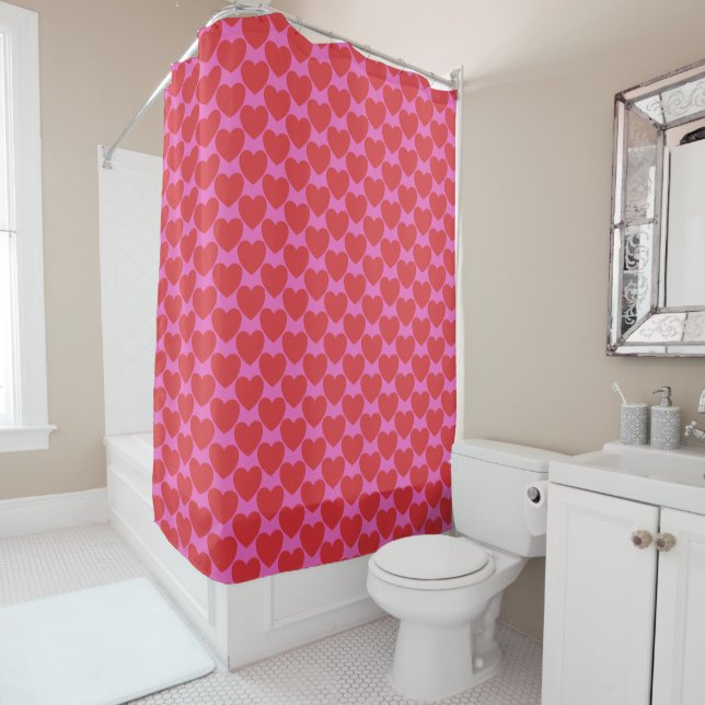 Rideaux De Douche Cute Valentine's Day Pink and Red Heart Pattern (En situation)