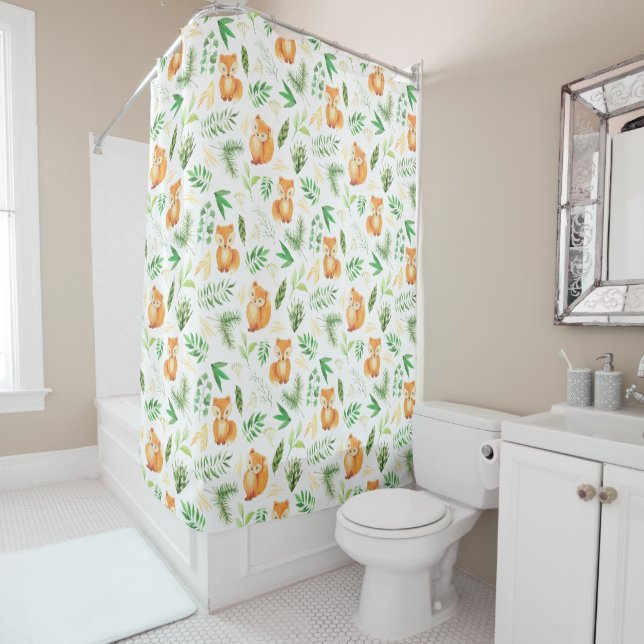 Rideaux De Douche Cute Whimsical Aquarelle Fox Feuilles verts (En situation)