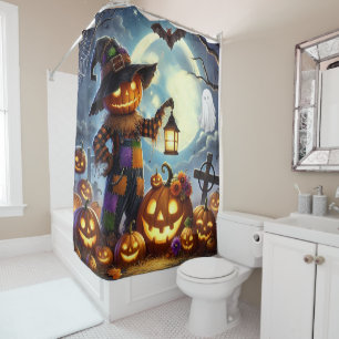 Rideaux De Douche Cute, Whimsical Halloween épouvantail & citrouille
