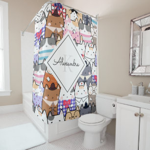 Rideaux De Douche Cute Whimsical Kitten Motif Monogramme & Fille Nom