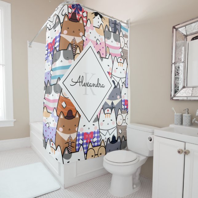 Rideaux De Douche Cute Whimsical Kitten Motif Monogramme & Fille Nom (En situation)