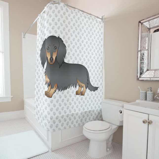 Rideaux De Douche Dachshund à cheveux longs noir et tan caricature C (En situation)
