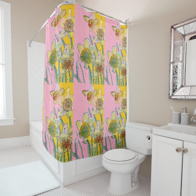 Rideaux De Douche Daffodique Fleur Floral Aquarelle rose Jaune (En situation)