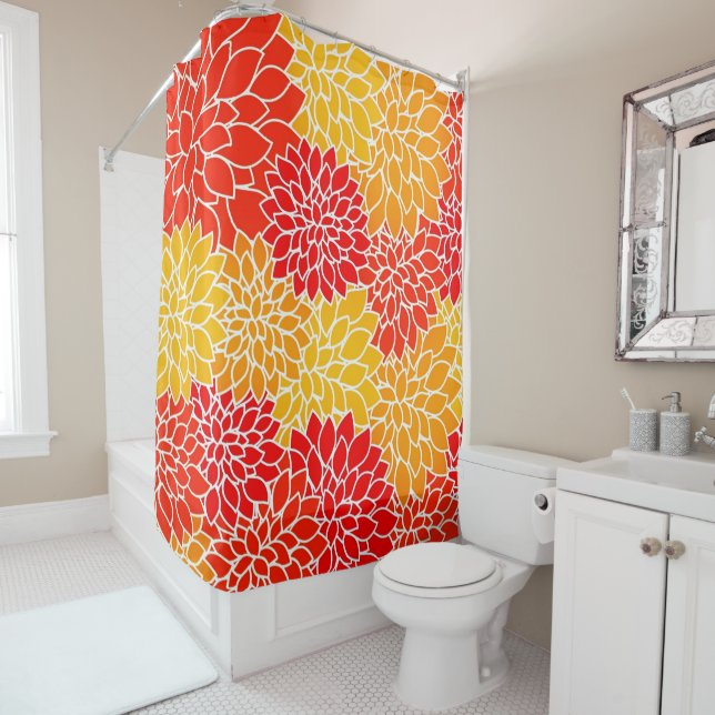 Rideaux De Douche dahlias orange et rouge (En situation)