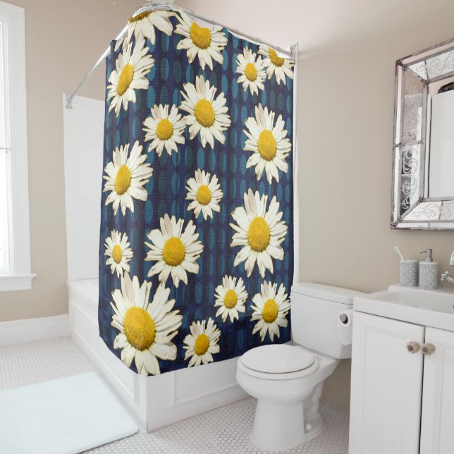 Rideaux De Douche Daisy Flowers and Oval Geometric Blue Yellow (En situation)