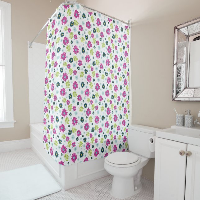 Rideaux De Douche Daisy Garden Botanique Fleur sauvage rose bleu (En situation)