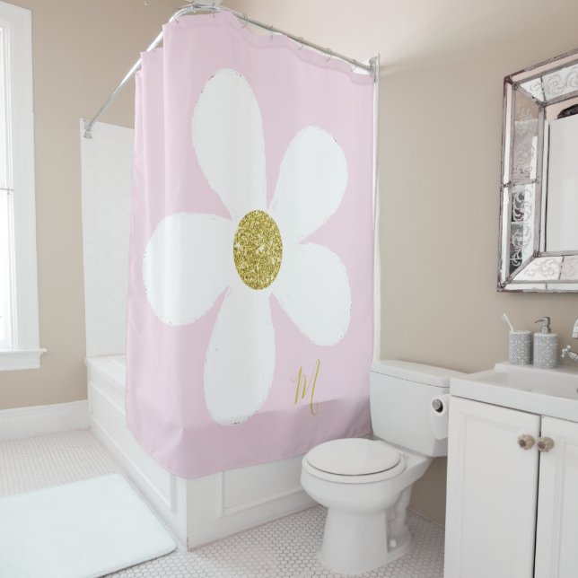 Rideaux De Douche Daisy Rose Blanc Simple Floral Or Personnel (En situation)