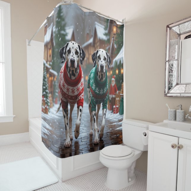 Rideaux De Douche Dalmatian Dogs Christmas Snow Holiday  (En situation)