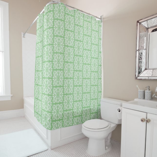 Rideaux De Douche Damas blanc sur vert (En situation)