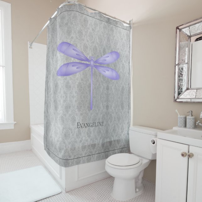 Rideaux De Douche Damas de libellule violette (En situation)