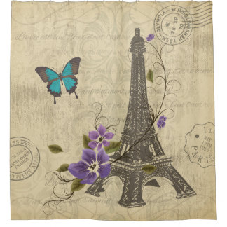 Rideaux De Douche Damassé florale vintage de papillon de Tour Eiffel