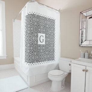 Rideaux De Douche Damassé gris, bordures festonnées blanches et mono