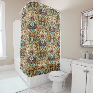 Rideaux De Douche Damassé Orné Turquoise & Or