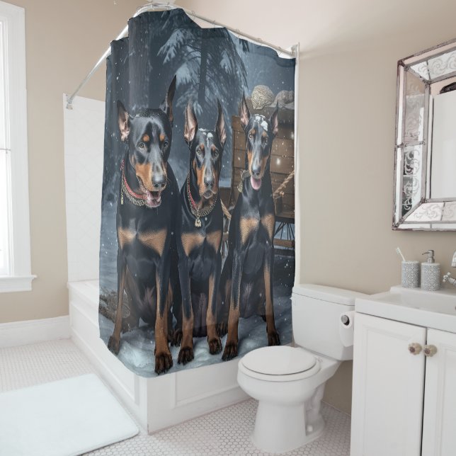 Rideaux De Douche Décor de Noël Doberman Snowy Sleigh (En situation)