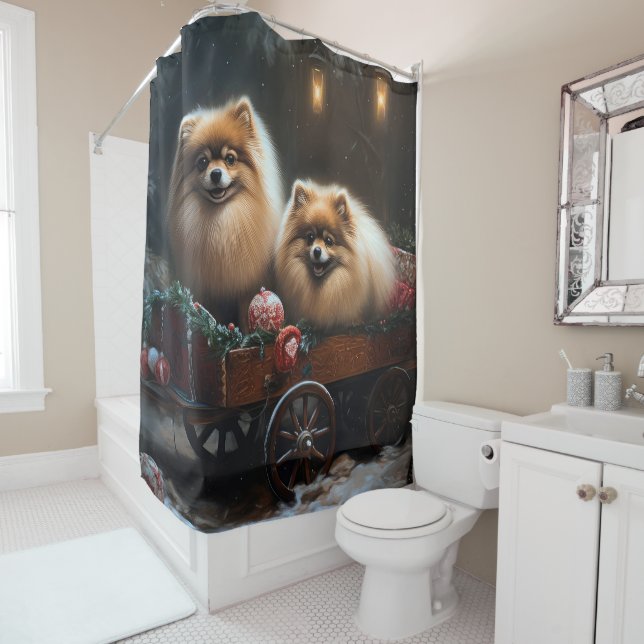 Rideaux De Douche Décor de Noël Poméranien Snowy Sleigh (En situation)