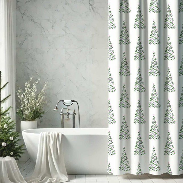 Rideaux De Douche Décor de Noël Scandi (Scandi Christmas shower curtain decor features holiday tree art Victoria Grigaliunas DoTellABelle)
