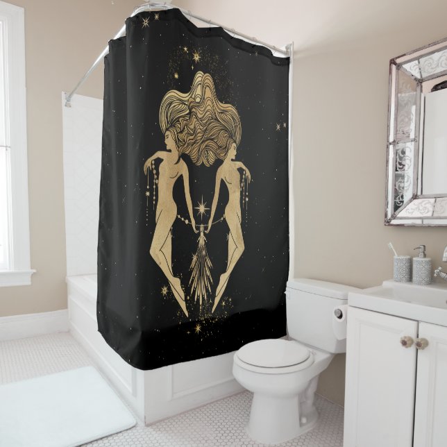 Rideaux De Douche Déesse du Zodiaque | Astrologie Gémeaux d'or cosmi (En situation)
