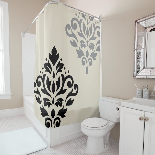 Rideaux De Douche Défiler Damask Art I Black Grey Crème (En situation)