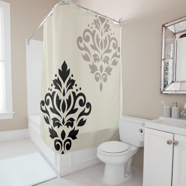 Rideaux De Douche Défiler Damask Art I Black Taupe Crème (En situation)