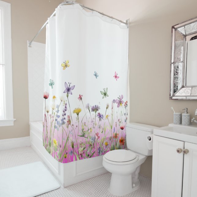 Rideaux De Douche dégradé rose fleur sauvage et papillons (En situation)