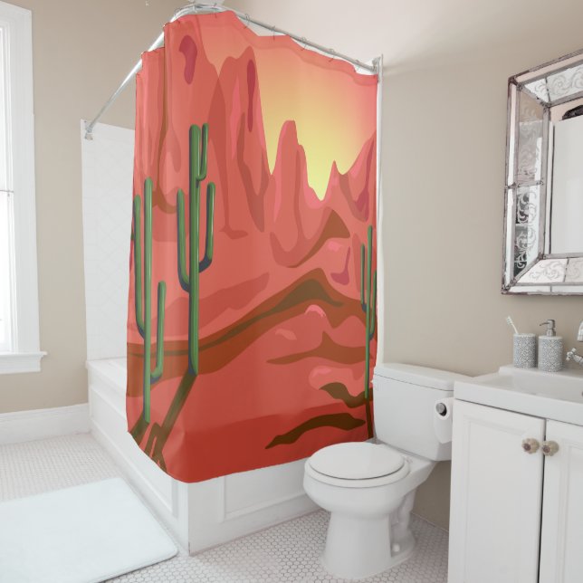 Rideaux De Douche Désert au coucher du soleil avec Saguaros (En situation)
